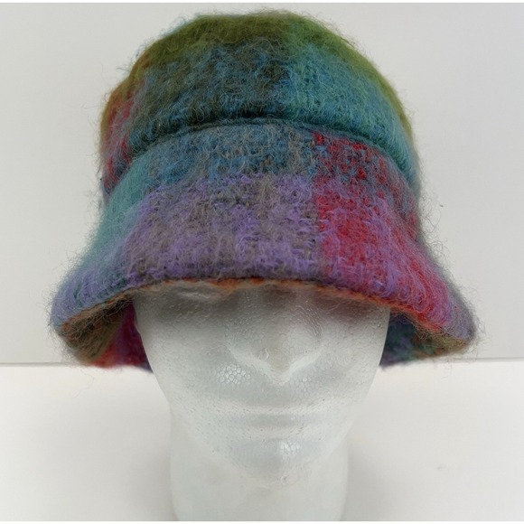 WOMEN\'S Mohair Bucket Hat Handmade OSFM Soft Rainbow Plaid Satin Lined Fuzzy Hat main image 4